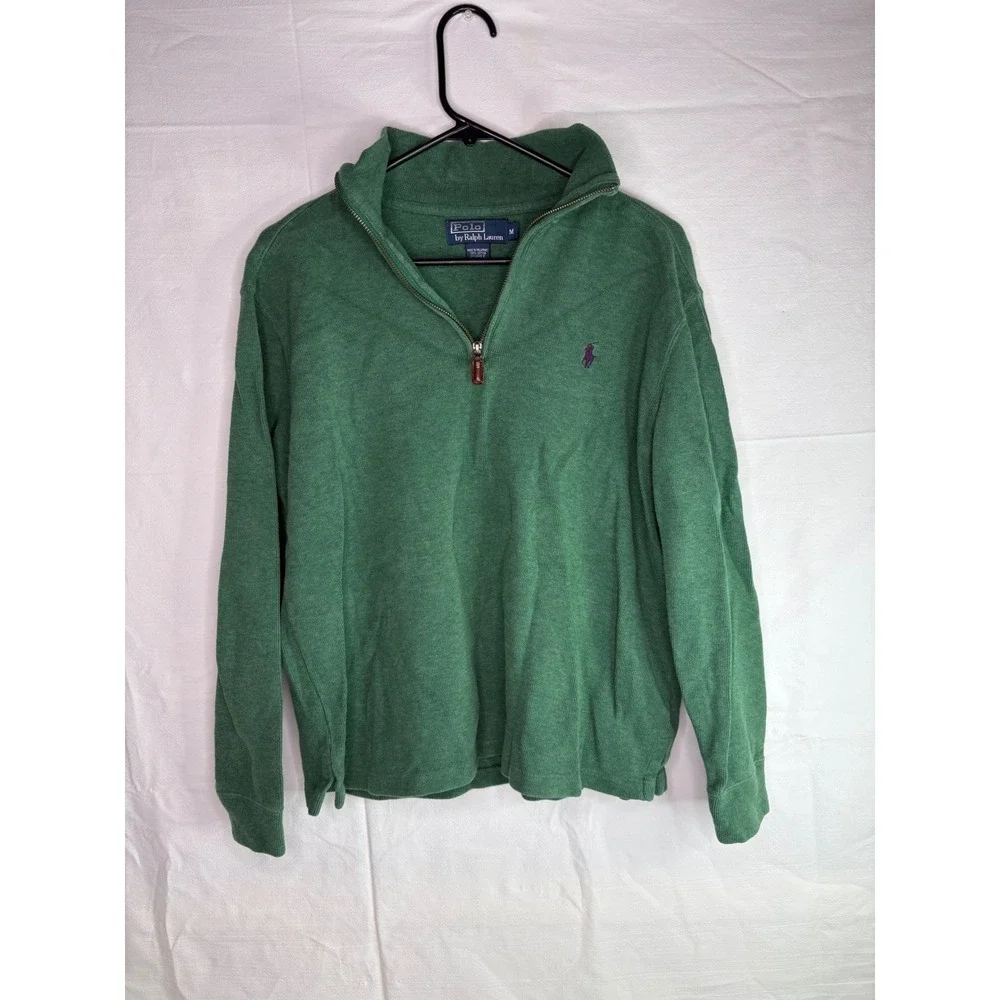 Polo Ralph Lauren Mens Green Cotton Quarter Zip Pullover Sweater Purple Pony M